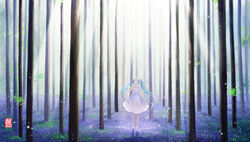  aqua_eyes aqua_hair artist_name bad_id bad_pixiv_id barefoot bird closed_mouth collarbone dress female forest hatsune_miku highres long_hair looking_away looking_up nature outdoors photoshop_(medium) plant sanaa silhouette sleeveless sleeveless_dress solo standing tree twintails very_long_hair vocaloid white_dress 