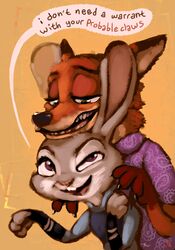  2016 absurd_res anthro buckteeth canid canine clothed clothing dialogue disney docwario duo english_text female fox fur green_eyes grin hi_res judy_hopps lagomorph leporid male mammal nick_wilde predator/prey purple_eyes rabbit red_fox size_difference smile teeth text true_fox zootopia 