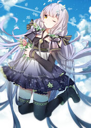  absurdly_long_hair adapted_costume ahoge bare_shoulders black_bow black_sleeves black_thighhighs blue_dress blue_flower blue_sky boots bow c-i cloud collarbone commentary_request day detached_sleeves dress eyebrows female floating_hair flower full_body gradient_dress grey_dress grey_hair hair_flower hair_ornament hair_ribbon hair_spread_out hairbow halterneck highres holding holding_flower jumping long_hair looking_at_viewer one_eye_closed petals pink_flower quad_tails ribbon short_dress sky solo thighhighs very_long_hair vocaloid white_flower xingchen yellow_eyes 