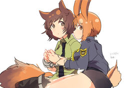  2girls akiyama_yukari animal_ears blush brown_eyes brown_hair commentary_request cosplay cuffs girls_und_panzer handcuffs judy_hopps judy_hopps_(cosplay) messy_hair multiple_girls necktie nick_wilde nick_wilde_(cosplay) nishizumi_miho police police_uniform short_hair tail uniform white_background yukiyanagi_raki yuri zootopia 