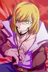  1boy 91_days belt blonde_hair collarbone commentary_request eyebrows facial_hair fango grin highres jacket jewelry male_focus necklace parted_lips rin_nukonuko smile solo 