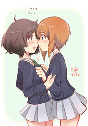  2girls akiyama_yukari artist_name blush brown_hair commentary_request cowboy_shot dated eye_contact girls_und_panzer hands_on_another&#039;s_chest heart highres looking_at_another military military_uniform multiple_girls nishizumi_miho ooarai_military_uniform short_hair uniform yukiyanagi_raki yuri 