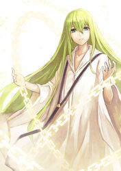  1boy a-er_(akkij0358) chains commentary enkidu_(fate) fate/strange_fake fate_(series) green_eyes green_hair hair_between_eyes hands_up highres long_hair long_sleeves looking_at_viewer male_focus photoshop_(medium) robe solo standing very_long_hair white_robe white_theme wide_sleeves 