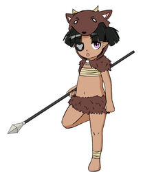  alternate_costume cupala_(8492ace) dark_skin eyebrows eyebrows_visible_through_hair eyepatch flat_chest full_body holding isadora_finnsdottir lolicon lotte_no_omocha! navel open_mouth shiny shiny_hair simple_background spear standing_on_one_leg weapon white_background 