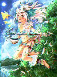  :d ankle_cuffs anklet armlet axe bad_id bad_pixiv_id bangle barefoot barefoot_sandals_(jewelry) bird bracelet breasts cloud commentary day facepaint feathers feet female floating_hair full_body green_eyes headdress headgear highres holding holding_weapon jewelry knife leaf long_hair looking_at_viewer natsui_tuna nature navel necklace no_bra open_mouth original outdoors parrot pink_hair rainbow ribbon skirt skull sky small_breasts smile soles solo staff sun tail tail_ornament tail_ribbon thigh_strap toenails toes tooth_necklace tribal vest water waterfall weapon 