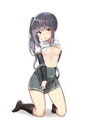  absurdres bad_id bad_twitter_id brown_eyes clothes_lift female flat_chest grey_hair highres kantai_collection kasumi_(kancolle) kneeling mitsudoue no_bra parted_lips pleated_skirt shirt_lift side_ponytail skirt solo suspenders suspenders_slip undressing white_background 