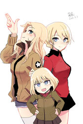  3girls arm_grab artist_name blonde_hair blue_eyes blush bomber_jacket color_connection commentary_request darjeeling_(girls_und_panzer) dated finger_gun girls_und_panzer hair_color_connection hands_on_own_hips jacket katyusha_(girls_und_panzer) kay_(girls_und_panzer) long_hair looking_at_viewer multiple_girls oerba_yun_fang short_hair smile smirk thighhighs white_background white_legwear yukiyanagi_raki 