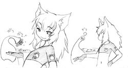  animal_ears camel_(dansen) female flat_chest food kyu_(dgallon) monochrome plate sachiho smile 