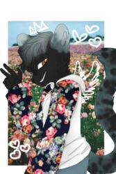  2018 amica anthro black_body black_fur black_hair black_nose black_tail blue_body blue_fur blue_tail bottomwear clothed clothing crown denim denim_bottomwear denim_clothing digital_media_(artwork) flower fur hair headgear heart_symbol ictonychine jeans kyandiimu long_tail looking_at_viewer male mammal marbled_polecat mustelid musteline orange_eyes pants plant polecat_(mustelid) smile solo standing sweatshirt tail teeth wings 