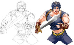  1boy backpack bag blue_eyes blue_hair chaashuu commentary_request fingerless_gloves gloves holding holding_sword holding_weapon jojo_no_kimyou_na_bouken jonathan_joestar line_art luck_and_pluck male_focus muscular navel open_mouth phantom_blood photoshop_(medium) shirt sleeveless sleeveless_shirt solo sword weapon 