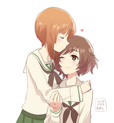  2girls akiyama_yukari artist_name blush brown_eyes brown_hair commentary_request dated girls_und_panzer green_skirt heart hug multiple_girls nishizumi_miho one_eye_closed ooarai_school_uniform school_uniform skirt white_background yukiyanagi_raki yuri 