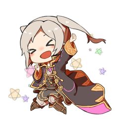  &gt;_&lt; arm_up chibi commentary_request female fire_emblem fire_emblem_awakening long_sleeves open_mouth robe robin_(female)_(fire_emblem) robin_(fire_emblem) shunrai simple_background solo twintails white_background white_hair 