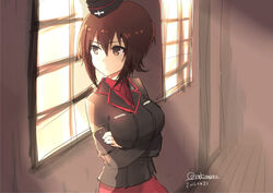  black_skirt breasts brown_eyes brown_hair commentary_request crossed_arms dated female garrison_cap girls_und_panzer hat kuromorimine_military_uniform large_breasts long_sleeves military military_uniform nishizumi_maho red_shirt red_skirt shirt short_hair skirt solo twitter_username uniform window yukiyanagi_raki 