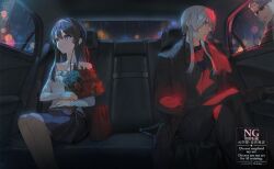  2boys bag black_gloves black_hair black_jacket black_pants black_shirt black_skirt black_vest blue_necktie bouquet breasts car_interior collarbone collared_shirt commentary_request crossed_legs detached_sleeves feet_out_of_frame female flower gloves grey_hair hair_between_eyes hairband hu_kotora hugging_object indoors jacket long_hair long_sleeves medium_breasts multiple_boys necktie night off-shoulder_shirt off_shoulder open_clothes open_jacket original pants paper_bag parted_lips pleated_skirt purple_eyes rain red_flower red_rose rose shirt sitting skirt sleeves_past_wrists straight sunglasses vest watermark white_hairband white_shirt white_sleeves 