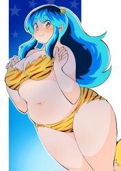  alternate_body_size animal_print bikini blue_hair breasts bright_pupils cleavage closed_mouth cone_horns feet_out_of_frame female fur_bikini highres horns large_breasts long_hair lum navel oni plump print_bikini small_horns smile solo strapless strapless_bikini swimsuit tiger_print toyishiki_shizuoka urusei_yatsura white_pupils yellow_bikini yellow_eyes yellow_horns 