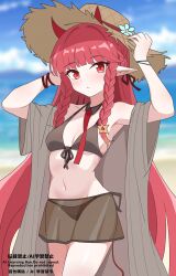  absurdres anime_coloring arknights arms_up beach bikini black_bikini black_sarong blurry blurry_background blush braid breasts brown_hat brown_ribbon cleavage closed_mouth commentary_request cowboy_shot day eggplant7217 female groin hair_ornament hair_ribbon hand_on_headwear hat highres long_hair looking_at_viewer medium_breasts navel official_alternate_costume outdoors partial_commentary pointy_ears red_eyes red_hair ribbon sarong see-through_clothes see-through_sarong solo standing star_(symbol) star_hair_ornament straw_hat swimsuit twin_braids very_long_hair vigna_(arknights) vigna_(casual_vacation)_(arknights) watermark 