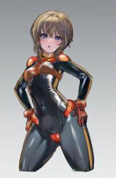  black_bodysuit blue_eyes blush bodysuit cameltoe covered_navel female flat_chest gloves gundam gundam_zz hands_on_own_hips highres huo_ji_wu impossible_bodysuit impossible_clothes looking_at_viewer mecha_pilot_suit normal_suit_(gundam) open_mouth orange_hair puru_two shiny_clothes short_hair sidelocks skin_tight solo thighs 