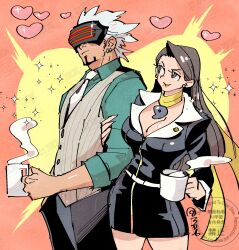  1boy badge belt black_skirt black_vest breasts brown_eyes brown_hair brown_pants brown_vest chinstrap_beard cleavage closed_mouth coffee coffee_mug collared_shirt cowboy_shot cup dark-skinned_male dark_skin dress_shirt ear_piercing earrings facial_hair female glint godot_(ace_attorney) green_shirt gyakuten_saiban hand_on_another&#039;s_arm heart heart_background highres holding holding_cup huge_breasts jacket jewelry lapel_pin lapels long_hair long_sleeves looking_to_the_side magatama magatama_necklace mask max801115 mia_fey mismatched_facial_hair mole mole_under_mouth mug necklace necktie notched_lapels pants phoenix_wright:_ace_attorney_-_trials_and_tribulations piercing pleated_pants red_background red_lips ribbed_vest scarf shirt short_hair signature single_earring skirt skirt_suit sleeves_rolled_up smile sparkle steam suit suit_jacket two-tone_background two-tone_vest v-shaped_eyebrows valentine vest waistcoat watermark white_belt white_hair white_necktie white_shirt yellow_background yellow_scarf 