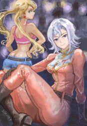  2girls ass azee_gurumin black_boots blonde_hair blue_eyes blue_shorts bodysuit boots breasts butt_crack commentary earrings english_commentary green_eyes grey_hair gundam gundam_tekketsu_no_orphans hands_on_own_hips heart heart_earrings highres jewelry lafter_frankland long_hair looking_back mecha_pilot_suit median_furrow medium_breasts medium_hair multiple_girls okrdisk2000 red_bodysuit shorts sitting twintails 