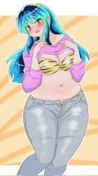  alternate_body_size animal_print blue_hair blush breasts clothes_lift cone_horns corrupted_twitter_file denim feet_out_of_frame female highres horns jeans large_breasts long_hair long_sleeves lum navel oni open_mouth pants pink_shirt plump shirt shirt_lift solo tiger_print toyishiki_shizuoka urusei_yatsura yellow_eyes 