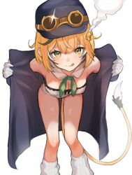  :q absurdres bare_legs black_coat black_hat blonde_hair breasts coat commentary detached_collar dooby_(vtuber) enami_(seisoumimi) english_commentary female fur-tipped_tail glint gloves goggles goggles_on_headwear green_neckerchief hair_between_eyes hat highres indie_virtual_youtuber leaning_forward looking_at_viewer loose_socks medium_breasts neckerchief no_pants open_clothes open_coat panties short_hair simple_background smile socks solo steam tail tongue tongue_out underwear white_background white_gloves white_panties yellow_eyes 