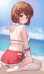  :&lt; absurdres ass bare_shoulders beach bikini blue_sky blunt_ends blush bow breasts brown_eyes brown_hair closed_mouth cloud cloudy_sky concept_maihime_(idolmaster) covered_nipples day dot_nose elbow_gloves female floris_(saber13) frilled_gloves frilled_shirt frilled_skirt frills from_behind gloves hagiwara_yukiho halter_shirt halterneck highres hip_vent horizon idolmaster idolmaster_(classic) idolmaster_million_live! idolmaster_million_live!_theater_days large_breasts looking_at_viewer looking_back median_furrow medium_hair midriff miniskirt navel nontraditional_miko ocean outdoors pink_bikini pink_ribbon pink_skirt pleated_skirt ribbon ribbon-trimmed_gloves ribbon-trimmed_shirt ribbon-trimmed_thighhighs ribbon_trim shirt shy side-tie_bikini_bottom sidelocks sitting skirt sky sleeveless sleeveless_shirt solo sunlight sweat swimsuit thighhighs waist_bow wariza waves white_bow white_gloves white_thighhighs 