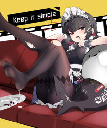  absurdres black_hair black_pantyhose breasts chinese_commentary colored_inner_hair commentary couch ellen_joe feet female fengqun finger_in_own_mouth fins fish_tail foot_out_of_frame hair_ornament highres knees_together_feet_apart large_breasts legs looking_at_viewer maid maid_headdress messy metal_hairband multicolored_hair no_shoes on_couch open_mouth pantyhose plate red_eyes red_hair saliva scar scar_on_tail shark_girl shark_tail sharp_teeth short_hair simple_background sitting soles solo spiked_headband suggestive_fluid tail teeth thighs torn_clothes torn_pantyhose x_hair_ornament yellow_background zenless_zone_zero 