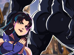  1boy ass black_hair breasts elbow_gloves female gloves highres long_hair looking_at_viewer marvel marvel_rivals muscular muscular_male psylocke spider-man_(series) superhero_costume tina_fate tongue tongue_out venom_(marvel) x-men 