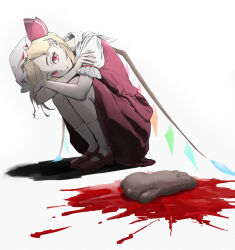  blonde_hair blood crystal crystal_wings female flandre_scarlet hat hat_ribbon highres looking_at_viewer mob_cap parted_lips puffy_short_sleeves puffy_sleeves red_eyes ribbon shirt short_hair short_sleeves side_ponytail simple_background sitting skirt solo stuffed_animal stuffed_toy teddy_bear touhou white_background wings yuuskehino 