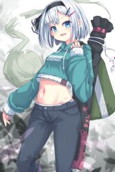  :d black_hairband black_pants black_ribbon blue_eyes blue_hoodie blurry blurry_background breasts commentary_request depth_of_field drawstring female grey_hair groin hair_ornament hair_ribbon hairband hairclip hand_up highres hood hood_down hoodie konpaku_youmu konpaku_youmu_(ghost) long_sleeves medium_breasts midriff navel pants puffy_long_sleeves puffy_sleeves ribbon short_hair sleeves_past_wrists smile solo touhou uumaru weapon_bag 