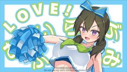  :d adapted_costume assault_lily bare_shoulders blue_border blue_bow blue_bra blue_outline blush border bow bra bra_peek breasts cheerleader commentary_request crop_top female green_hair green_neckerchief hair_between_eyes hairbow hand_up highres holding holding_pom_poms long_hair looking_at_viewer low_twintails medium_breasts neckerchief open_mouth outline outside_border pom_pom_(cheerleading) purple_eyes shirt simple_background sleeveless sleeveless_shirt smile solo sweat translation_request twintails twitter_username ueharu underwear upshirt v-shaped_eyebrows watermark white_background white_shirt yamanashi_hibari 