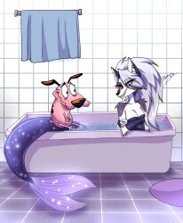  1:1 2025 anthro aquatic beagle canid canid_demon canine canis cartoon_network courage_the_cowardly_dog courage_the_cowardly_dog_(character) crossover demon domestic_dog duo ear_piercing ear_ring eyeshadow feet female fur gornzx grey_body grey_fur grey_hair hair hellaverse hellhound helluva_boss hi_res hug hugging_another hugging_from_behind hunting_dog long_hair looking_at_viewer loona_(helluva_boss) makeup male mammal merfolk monkeycheese mythological_canine mythological_creature mythology nude open_mouth open_smile orange_background piercing pink_body red_sclera ring_piercing scent_hound simple_background sitting smile smiling_at_viewer split_form white_eyes 