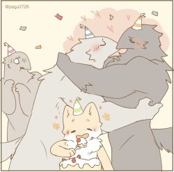  2026 anthro avian beak biped birthday black_body black_feathers blush cheek_tuft chest_tuft clothing confetti digital_drawing_(artwork) digital_media_(artwork) domestic_cat eating_cake facial_tuft feathers felid feline felis female flat_colors fur fur_tuft group happy hat headgear headwear heart_symbol hearts_around_head hug hugging_another intraspecies kissing looking_at_another male mammal muscular muscular_anthro muscular_male nude nude_anthro nude_female nude_male oblivious orange_body orange_fur party_hat pegu2726 pink_cloud romantic side_view simple_background slim slim_anthro slim_female tail tan_background tuft white_body white_feathers white_fur 