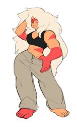  1girls abs barefoot belly biceps big_feet big_hands big_lips cartoon_network color colored feet female female_only fluffy_hair front_view gem_(species) hair hand_in_hair hand_on_head hips humanoid jasper_(steven_universe) lips long_hair looking_away multicolored_body muscle muscles muscular muscular_arms muscular_female orange_body orange_skin orangekissess pants pants_pull plain_background pose posing pulling_down_pants simple_background solo solo_female sports_bra sportswear standing steven_universe stomach sweatpants tank_top thick_lips thick_thighs toes very_long_hair white_background white_hair wide_hips yellow_eyes 