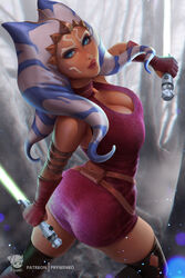  1girls ahsoka_tano alien alien_girl ass blue_eyes boobs_and_butt_pose dress female female_only fully_clothed hi_res jedi lightsaber orange_skin prywinko realistic short_dress solo star_wars text the_clone_wars:_season_four tight_clothing togruta 