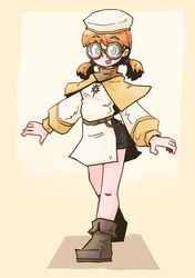  alternate_version_available black_shorts cleric cleric_girl_(juztplay) dress eyebrows_visible_through_hair first_sfw_of_character glasses green_eyes happy happy_girl hat hi_res high_quality juztplay leather_boots looking_at_viewer necklace open_mouth orange_hair ponytails safe_for_work sfw shorts simple_background star_necklace waist_belt 