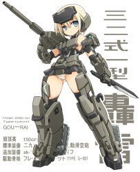  black_gloves blonde_hair blue_eyes cannon closed_mouth elbow_gloves english_text female frame_arms_girl gloves gourai hair_between_eyes hand_up headgear holding holding_knife karukan_(monjya) knife mecha_musume panties revision short_hair simple_background solo standing striped_clothes striped_panties text_focus translation_request underwear 