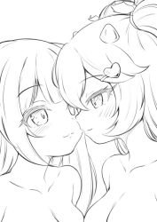  2girls angelic_buster blush breasts character_request closed_mouth collarbone eye_contact greyscale hair_between_eyes hair_ornament hairclip heart heart_hair_ornament horns large_breasts looking_at_another maplestory monochrome multiple_girls nekono_rin nude out-of-frame_censoring simple_background smile two_side_up upper_body white_background 