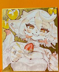  1boy ahoge animal_ears animal_hands animal_nose balloon blush breasts cleavage closed_mouth cream earrings food fork fox_ears fruit furry furry_male gold_background grass heart_balloon highres holding holding_food holding_fork jewelry large_breasts long_sleeves looking_at_viewer male_focus marker medium_hair messy_hair nashinoro_kikuri niisha_(nashinoro_kikuri) oerba_yun_fang orange_eyes original photo_(medium) photo_background reaching reaching_towards_viewer ribbed_sweater ring shikishi smile smirk smug snout solo strawberry sweater symbol-shaped_pupils traditional_media trap turtleneck upper_body white_fur white_hair white_sweater x-shaped_pupils yellow_background 