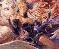  black_dress blonde_hair dress dungeon_meshi elf evnight female hair_around_ear holding holding_polearm holding_weapon marcille_donato pointy_ears polearm turtleneck weapon 