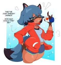  2026 absurd_res anthro belly belly_peeking_out beverage blue_background blue_eyes blue_hair bottomwear brand_new_animal breasts brown_body brown_fur can canid canine claws clothed clothing container dialogue digital_drawing_(artwork) digital_media_(artwork) dipstick_tail energy_drink english_text facial_markings female fur gloves_(marking) guzzlord420 hair head_markings hi_res holding_beverage holding_can holding_container holding_object jacket looking_at_viewer mammal markings mask_(marking) medium_breasts michiru_kagemori narrowed_eyes oblivious open_mouth open_smile portrait raccoon_dog shirt shorts simple_background slightly_chubby slightly_chubby_anthro slightly_chubby_female smile smug solo standing studio_trigger tail tail_markings talking_to_viewer tanuki teeth text thick_thighs three-quarter_portrait topwear weight_gain 