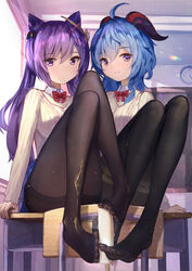  2girls absurdres ahoge bad_id bad_pixiv_id between_feet black_pantyhose blue_hair bow bowtie chair chinese_commentary classroom collared_shirt commentary_request cone_hair_bun desk feet food full_body ganyu_(genshin_impact) genshin_impact goat_horns hair_between_eyes hair_bun hair_ornament highres holding_with_feet horns indoors keqing_(genshin_impact) knees_up long_hair long_sleeves looking_at_viewer multiple_girls no_shoes on_desk pantyhose popsicle prinz_eugen1938 purple_eyes purple_hair red_bow red_bowtie school_chair school_desk school_uniform shirt sitting sweater twintails yellow_sweater 