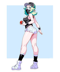  ass baseball_cap black_shirt black_socks black_wristband boots breasts commentary eyelashes eyeshadow female genzoman green_eyes green_hair hat highres holding holding_poke_ball kneepits long_hair looking_back makeup original pointy_ears poke_ball poke_ball_(basic) pokemon pokemon_sm shirt short_shorts shorts sleeveless sleeveless_shirt socks solo standing team_skull team_skull_grunt team_skull_uniform white_footwear white_shorts wristband 