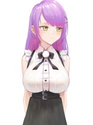  alternate_breast_size belt black_belt black_bow black_skirt blush bow breasts collared_shirt colored_inner_hair embarrassed female frilled_shirt frills frown hair_behind_ear highres hololive large_breasts long_hair looking_to_the_side multicolored_hair official_alternate_costume pink_hair purple_hair radioneet shirt skirt sleeveless sleeveless_shirt solo suspenders tokoyami_towa tokoyami_towa_(jirai_kei) virtual_youtuber 