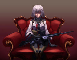  absurdres add_leir ammunition_pouch armchair black_bodysuit black_gloves bodysuit breasts chair closed_mouth elbow_gloves feet_out_of_frame female girls&#039;_frontline gloves grey_hair gun highres holding holding_gun holding_weapon light_machine_gun lips looking_down machine_gun medium_breasts pouch purple_eyes rpk-16 rpk-16_(girls&#039;_frontline) shaded_face short_hair simple_background sitting solo tactical_clothes weapon wide_sleeves 