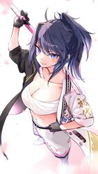  arm_up black_gloves black_hair black_jacket blue_eyes blue_hair blush breasts chest_sarashi cleavage collarbone commentary_request female floral_print glasses gloves hand_on_own_hip highres holding indie_virtual_youtuber jacket kson large_breasts looking_at_viewer midriff mole mole_under_eye multicolored_clothes multicolored_hair multicolored_jacket navel open_clothes open_jacket pants ponytail sarashi shirt smile solo souchou standing two-tone_jacket virtual_youtuber white_background white_footwear white_jacket white_pants yuyaiyaui 