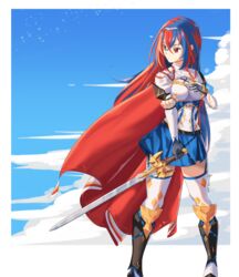  alear_(female)_(fire_emblem) alear_(fire_emblem) armor blue_hair breasts cape cloud cloudy_sky commentary_request crossed_bangs female fire_emblem fire_emblem_engage garter_straps hand_on_own_chest heterochromia highres holding holding_sword holding_weapon long_hair looking_to_the_side medium_breasts multicolored_hair red_cape red_hair revvie sky solo standing sword two-tone_hair weapon 