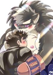  anthro blush canid canine canis chubby_protagonist_(tas) domestic_dog duo eyebrows fur grey_body grey_fur hi_res hug human kusarikakemono lifewonders male male/male mammal nipples pecs protagonist_(tas) scar shino_(tas) thick_eyebrows tokyo_afterschool_summoners 