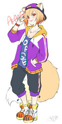  :p animal_ear_fluff animal_ears backwards_hat baseball_cap black_pants blue_shirt boots breasts brown_hair chita_(ketchup) cleavage closed_mouth clothes_writing collarbone commentary_request drawstring ears_through_headwear female fox_ears fox_girl fox_tail full_body gradient_hair hand_up hat highres hood hood_down hooded_jacket jacket looking_at_viewer medium_breasts multicolored_hair open_clothes open_jacket orange_hair original pants purple_hat purple_jacket red_eyes shirt short_hair signature simple_background smile solo standing tail tongue tongue_out track_pants white_background white_footwear 