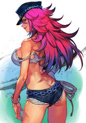  ass back bandaged_wrist bandages black_hat blue_eyes blue_shorts bracelet breasts chains cowboy_shot crop_top denim denim_shorts female final_fight from_behind from_side green_background hair_between_eyes hand_on_own_hip hat hat_chain hungry_clicker jewelry large_breasts lips long_hair looking_at_viewer looking_back parted_lips pink_hair poison_(final_fight) short_shorts shorts sideboob sleeveless smile solo standing strap_slip tank_top white_tank_top 